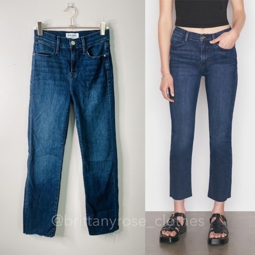 FRAME Le High Straight Jeans in Naples Dark Wash with Raw Hem